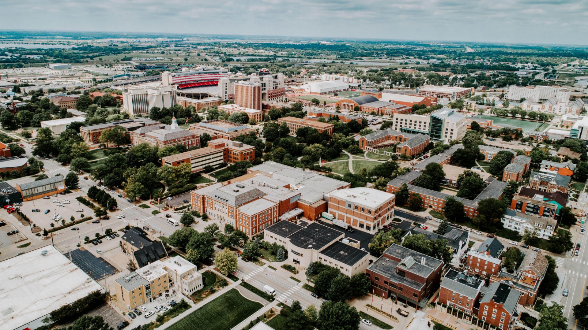 Overhead view of campus buildings